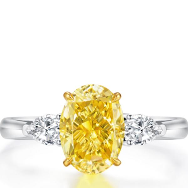 18k gold lab grown yellow diamond oval shape three life stones ring for gift